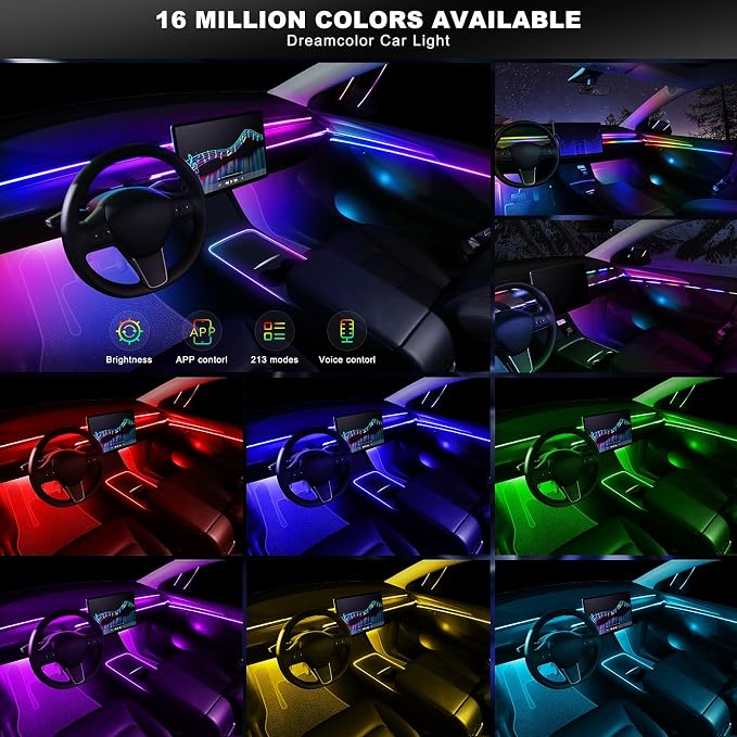 Dreamcolor Acrylic Interior Car LED Strip Light with Wireless APP, RGB 18 in 1 with 175 inches 612 LEDs Fiber Optic Strip Lights for Car, Dual Zone Music Sync Neon Car Ambient Lighting Kits
