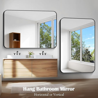Large Bathroom Mirror, 60 x 40 inch Black Rectangle Mirror, Metal Framed