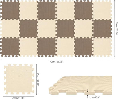 qqpp EVA Rubber 18 Tiles Interlocking Puzzle Foam Floor Mats - Baby Play Mat for Playing | Exercise Mat for Home Workout. Brown, Beige. QC-FJb18N