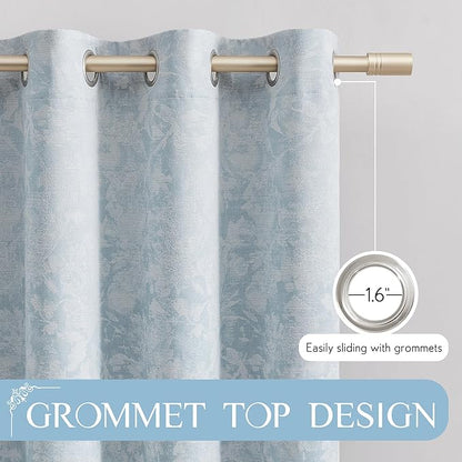 Beauoop Blue Floral Jacquard Blackout Curtains 84 Inches Long