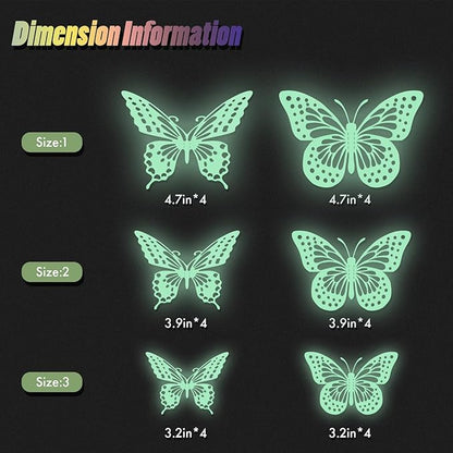 SAOROPEB Glow in The Dark 3D Butterfly 24 Pcs 3 Sizes, Luminous Butterfly Stickers for Ceiling or Wall, Glow in The Dark Party Supplies, Removable Luminous Stickers for Kids Babys Nursery (Green)
