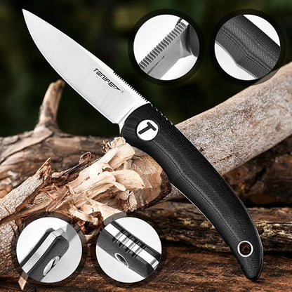 TONIFE Nova 2.68'' Blade Mini Neck Knife Full Tang Fixed Blade Knife with Kydex Sheath and Adjustable Paracord Lanyard for Camping Outdoor Survival Tool (Black+Satin)