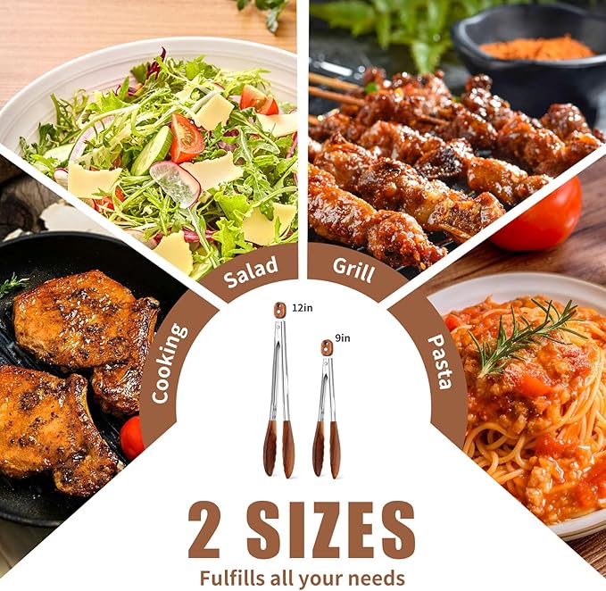 Wooden Tongs for Cooking Set of 2 (9" and 12") Natural Walnut Wooden kitchen Tongs for Grilling, Serving, BBQ and Tossing Salad etc | Ergonomic Stainless Steel Non-Slip Grip, Heat Resistant, Pull Lock