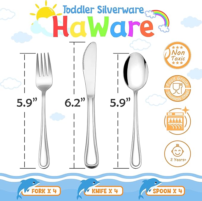 HaWare 12-Piece Kids Silverware, Stainless Steel Toddler Utensils Flatware Set, Preschooler Eating Utensils Includes 4 Spoons 4 Forks 4 Knives, Metal Children Cutlery for Home School, Mirror Finished