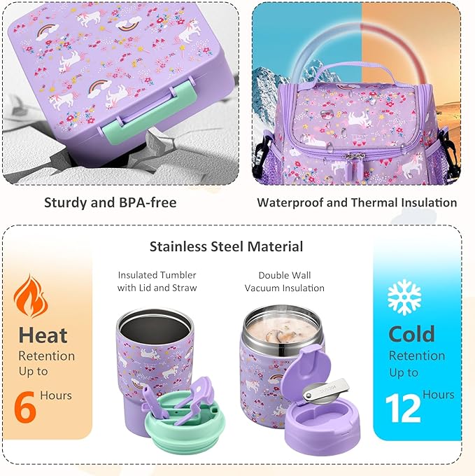 Lunch Box Set with Bento Box Container, 17OZ Stainless Steel Food Soup Thermo, Kids Water Bottle & Portable Insulated Lunch Bag, Leakproof, Hot/Cold Retention for School, Travel (Purple-Horse)