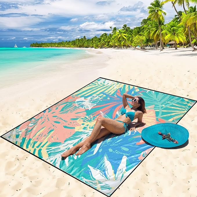 WIWIGO Beach Blanket Waterproof Sandproof Beach Mat 79" X 83"/10'x9'for 2-8