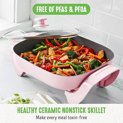 GreenLife12" 5QT Square Electric Skillet, Glass Vented Lid, Ceramic PFAS-Free