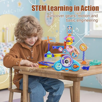 STEM Gears Toys for Kids Ages 3+, Creative Learning Building Blocks, 20Pcs Educational Construction Toy Set, Electric & Manual Dual Mode, Versatile Gear Playset Gift for Boys & Girls