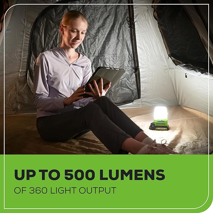 Greenworks 24V Lantern Cordless 500lm Camping Light Kit with USB-A and USB-C Port, 2Ah Battery and Charger Included