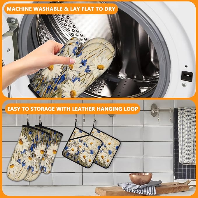 Daisy Flowers Oven Mitts and Pot Holders Sets 4Pcs, Extra Long Oven Gloves