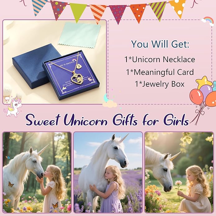 Unicorn Initial Necklaces Gifts for Girls Kids - 14K Real Gold Plated Heart Initial Unicorn Necklace Teen Girls Gifts Trendy Stuff Heart Letter Necklace for Women Girl Kids