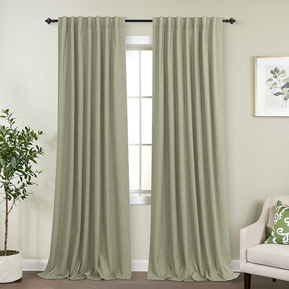 KOUFALL Sage Green Back Tab Linen Blackout Curtains 52x90 Inches Long