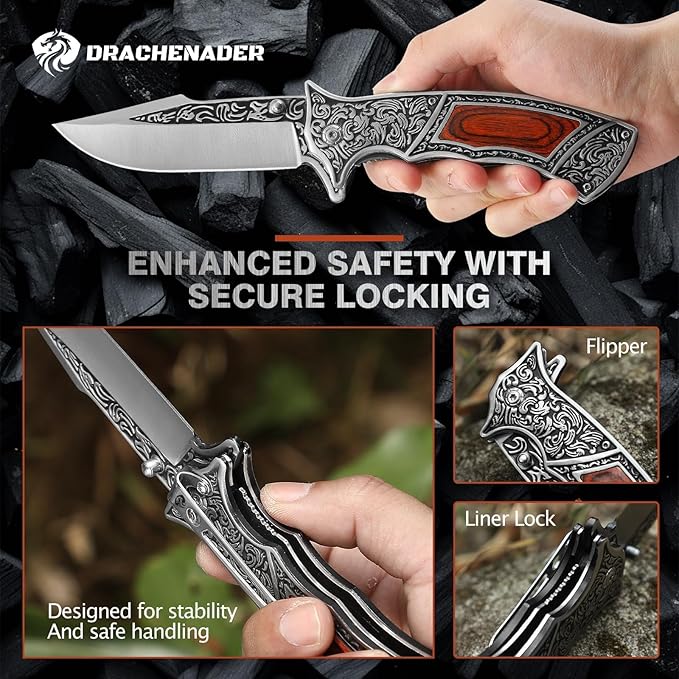 Pocket Knife with Sheath and Clip, 440C Stainless Steel Folding Knife 3D Retro Embossed Pattern, Gifts Christmas, Birthday, Father's Day (D-J37)