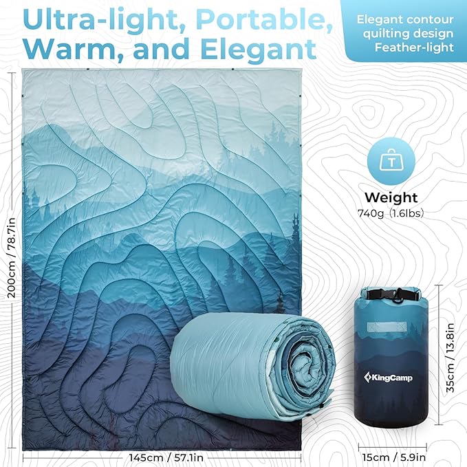 KingCamp Ultralight Camping Blanket, Packable Down Alternative Puffy Printed Wearable Blanket with Snap Buttons & Corner Loops Weatherproof Quilt for Outdoor Travel Stadium (79"L x 57”W, CYAN)