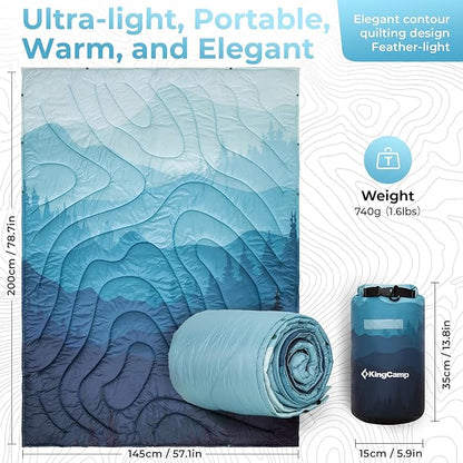 KingCamp Ultralight Camping Blanket, Packable Down Alternative Puffy Printed Wearable Blanket with Snap Buttons & Corner Loops Weatherproof Quilt for Outdoor Travel Stadium (79"L x 57”W, CYAN)