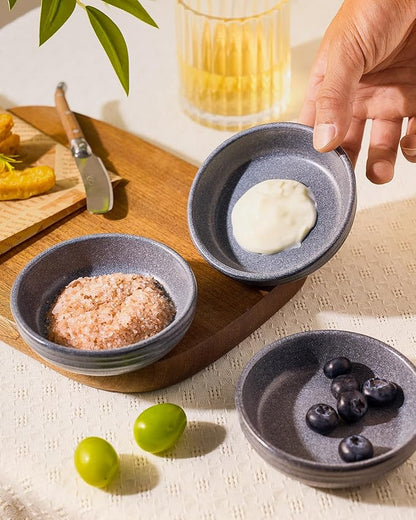 famiware Pluto Soy Sauce Dishes of 6, 3 oz Dipping Sauce Cups/Bowls/Dishes for Kitchen, Ceramic Small Bowls for Side Dish, Appetizers, Snacks, and Sushi, Reactive Glaze, Matte Dark Charcoal