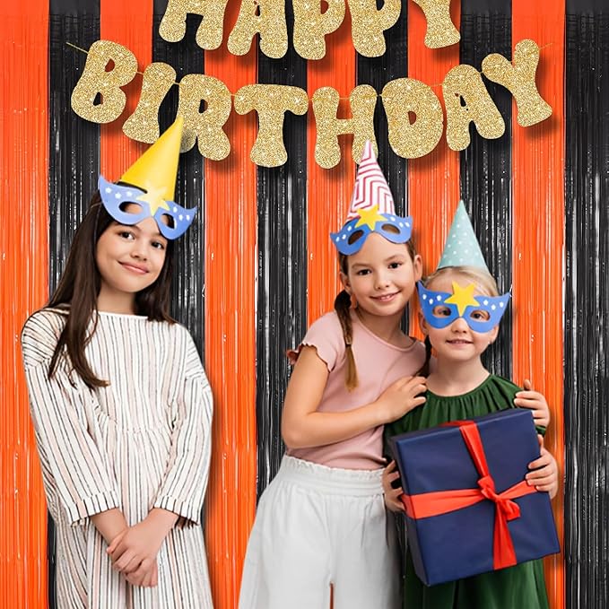 BRAVESHINE Tinsel Photo Backdrop Curtains - 2 Pack 3.2x8.2ft Black Orange Foil Fringe Streamer Curtain for Birthdays, Halloweens, Basketball, Pumpkins, Home, Indoor or Outdoor Party Decorations