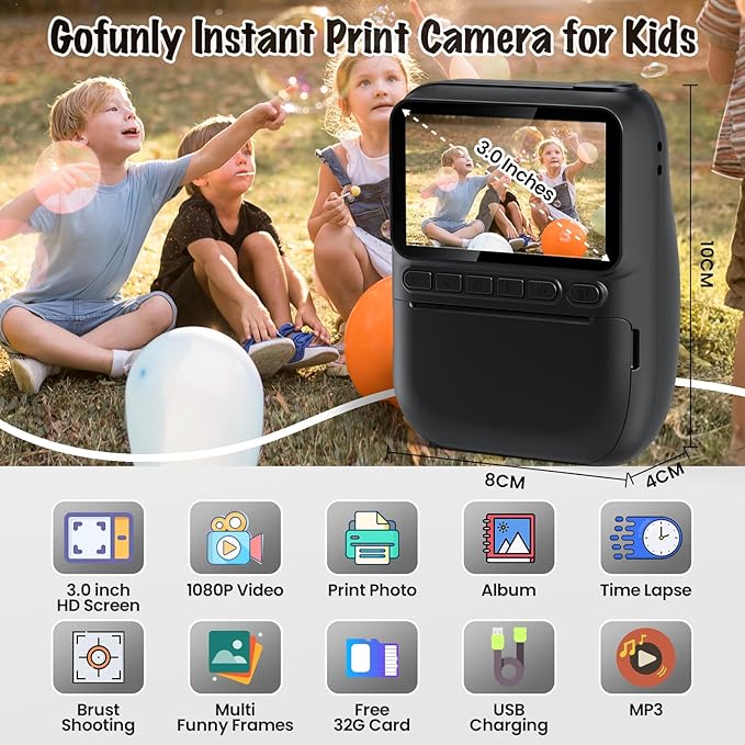 Instant Print Camera for Kids, 3.0" HD 1080P Digital Video Cameras with 3 Rolls of Printer Paper for Toddler, Birthday Gifts Toy for Girls Boys with 32GB SD Card (3.0 Style, Black)