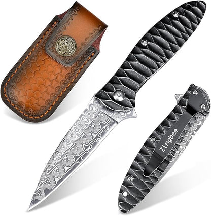 Damascus Pocket Knife, 2.87" Damascus Blade Folding Knives with Stainless Steel Handle, EDC Knife for Camping Hiking Hunting Gift