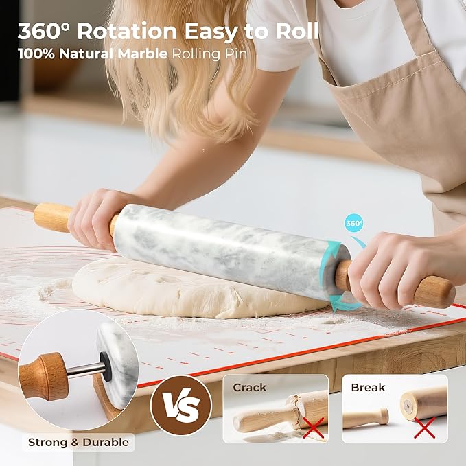 Marble Rolling Pin with Non-Stick Silicone Mat & Wood Base, 16.9-Inch Heavy