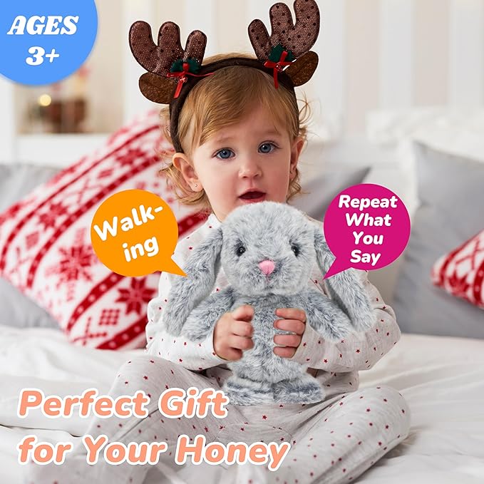 Hopearl Talking Singing Bunny Repeats What You Say Rabbit Walking Electric Interactive Animated Toy Speaking Plush Buddy Gifts for Toddlers, Gray, 9''