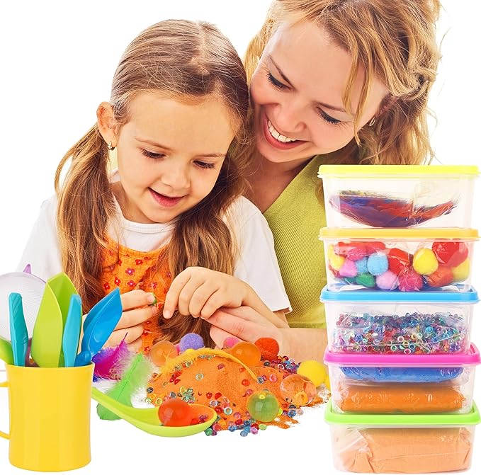 Sensory Kit for Toddlers and Kids - Includes 6 Bins with Lids, Play Tools, Sand, Feathers, Clay, Color Beads and Pom Poms Kids Box Fillers (4 Pack)