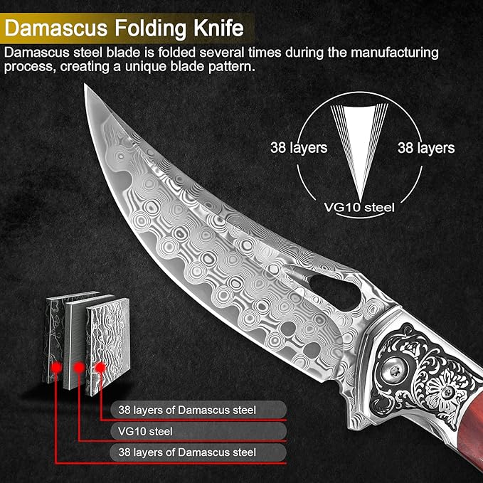 KOMWERO Damascus Pocket Knife for Men Women, Sharp VG10 Core Damascus Steel Knife for Outdoor Camping Survival Hunting - Wood Handle, Ball Bearing, Leather Sheath, Liner Lock