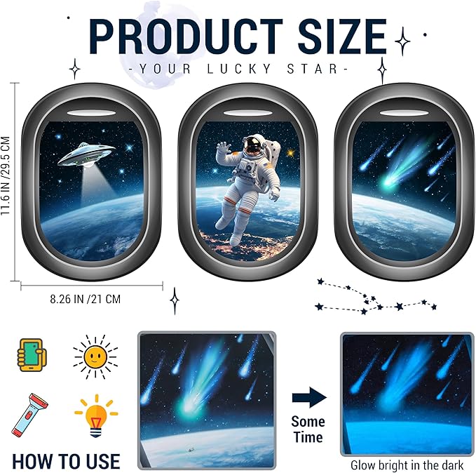 Glow in The Dark 3D Space Wall Decals, Set of 3 Galaxy Window Stickers for Wall, Space Themed Room Decor for Kids Boys (Blue)