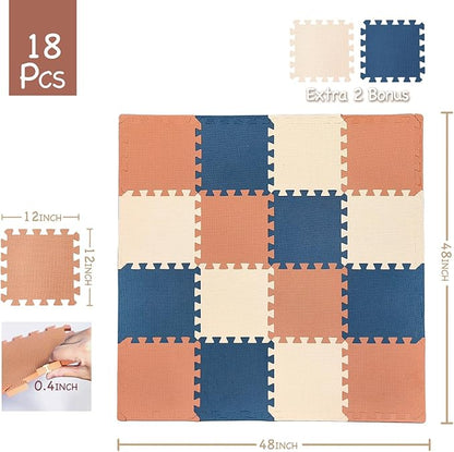 TCBunny Kids Soft EVA Foam Jigsaw Puzzle Play Mat, 18 Interlocking Tiles and Edges Baby Play Mat, for Kids Gym, Nursery, Playroom, Pet Mat, Total Floor Coverage 16 Sq Ft