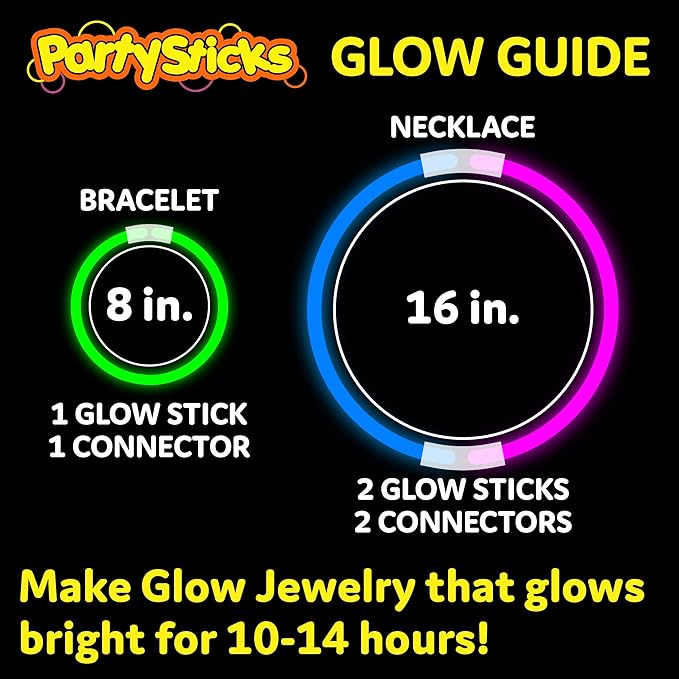 PartySticks Ultra Bright Glow Sticks Bulk Party Supplies 100 Pack - 8" Glow in the Dark Light Up Halloween Party Favors, Glow Decorations, Neon Party Necklaces and Bracelets with Connectors