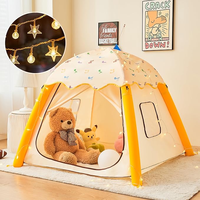 HalloDeer Kids Play Tent with Star Lights, Inflatable Toddler Tent Dome for Boys & Girls, Indoor Kids Tents, Portable for Outdoor, 51x51x43 in, Yellow