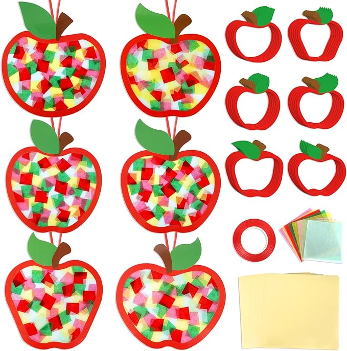 Qyeahkj 36 Set Fall Apple Suncatchers Crafts for Kids DIY Autumn Apple Window Tissue Paper Craft Kit Hanging Decor for Back to School Home Activity Art Project Birthday Party Favor Gift