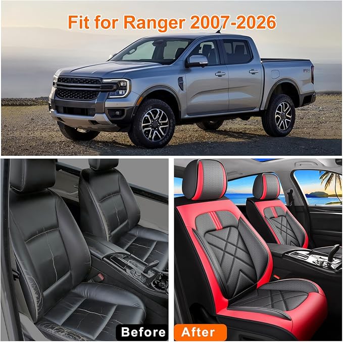 Ranger Car Seat Covers Custom Fit for Ford Ranger 2019-2026, Full Coverage Leather Waterproof Breathable Seat Covers, Automotive Seat Protectors, Airbag Compatible(2 Front Seats, Black & Red)