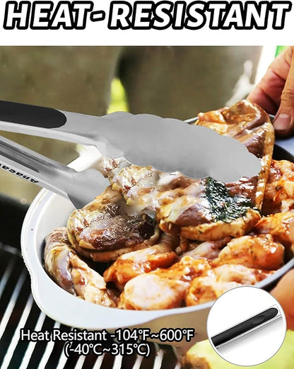 Anaeat 7" Mini Cooking Tong Stainless Steel - Sturdy Coiled Spring Locking Kitchen Food Tong with Non-Slip Silicone Grip for Serving, Cooking, Baking - Heat Resistant up to 480°F (Black)
