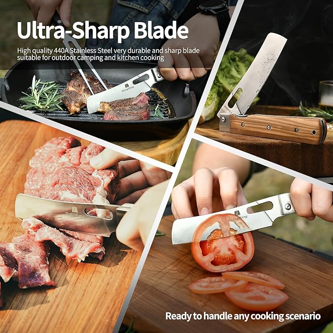 Folding Chef Knife with Leather Pouch 4.8” Sharp 440A Stainless Steel Blade Olive Handle Pocket Foldable Japanese Style Kitchen Knife for Outdoor Camping BBQ trip Cooking.