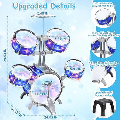 Upgraded Kids Drum Set for Toddlers w/ Light (All Plastic), Musical Gifts Toys for Boys Girls, Kids Jazz Drum Kit for Beginner Music Practice, Christmas Birthday Gift