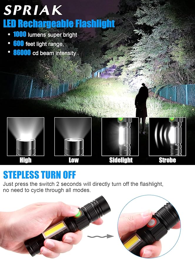 Rechargeable LED Flashlights, Magnetic Flashlight Super Bright Tactical Flashlight with SideLight,USB Rechargeable,Zoomable,Waterproof Best Small Flashlight for Camping, Emergency