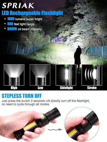 Rechargeable LED Flashlights, Magnetic Flashlight Super Bright Tactical Flashlight with SideLight,USB Rechargeable,Zoomable,Waterproof Best Small Flashlight for Camping, Emergency