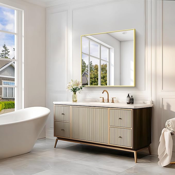 Gold Bathroom Mirror for Wall, 30x30 Inch Rectangle Mirrors