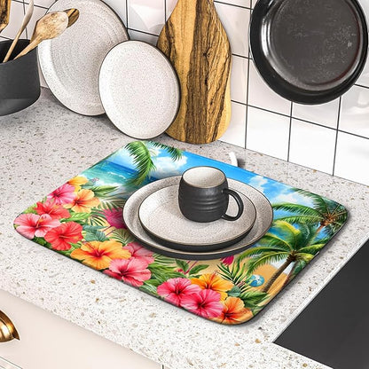Summer Flamingos Dish Drying Mat 16x18 inch Tropical Beach Microfiber Washable