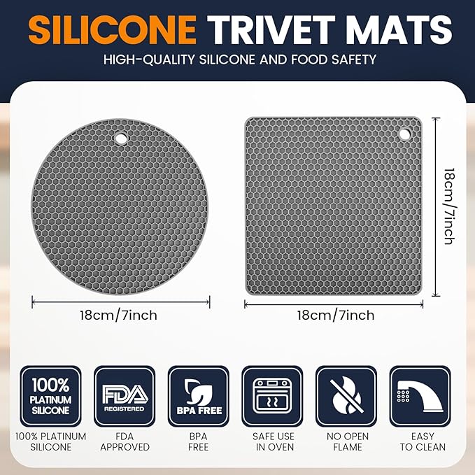 Silicone Trivet Mats 4 Heat Resistant Pot Holders Multipurpose Non-Slip Hot Pads for Kitchen Potholders, Drying mat, Jar Opener, Spoon Holder, Coaster.(Dark Grey)