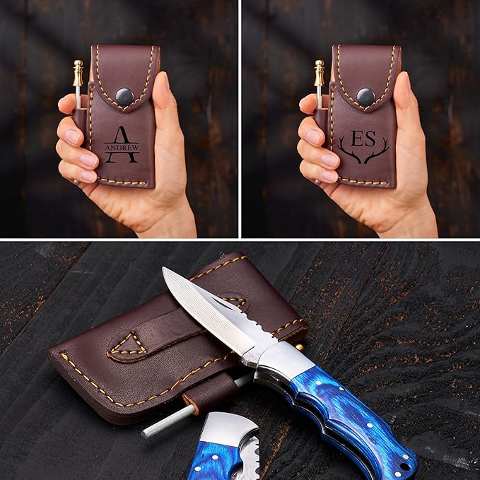 Personalized Folding Knife - Damascus Stag Bone Pocket Knife, Unique Gift for Brother, Uncle, Grandpa, Husband, Groomsmen, Camping, Personalized Folding Blade for Anniversary, Christmas Gift