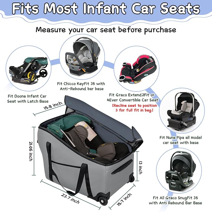 SCTEL Car Seat Bags for Air Travel Fit Chicco Keyfit 35 and Anti-rebound Bar Base, Fit Doona Car Seat Stroller and Base, Nuna Pipa Travel Bag, Infant Car Seat Bag, Doona Travel Bag