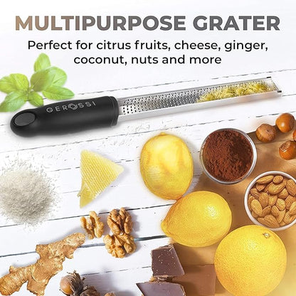Stainless Steel Cheese Grater & Lemon Zester w/Extra Sharp Blade - Perfect for Lemon, Parmesan, Garlic, Chocolate - Spice Up any Dish in Seconds w/Your Premium Citrus Hand Grater with Handle - Black