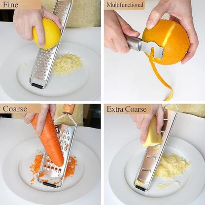ALLWIN-HOUSEWARE Cheese Grater Zester Set of 5, 304 Stainless Steel with Acacia Wood Handle Kitchen Grater & Peeler & Slicer for Cheese, Lemon, Ginger, Garlic, Nutmeg, Fruits, Vegetables, Chocolate
