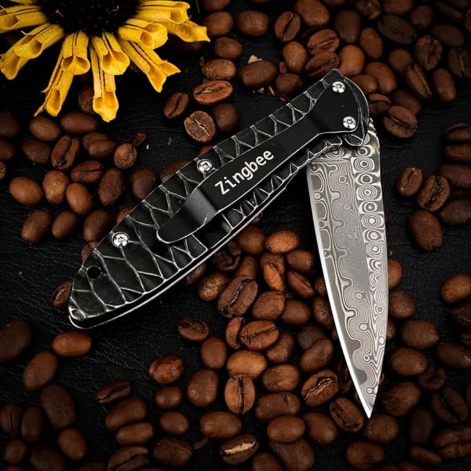 Damascus Pocket Knife, 2.87" Damascus Blade Folding Knives with Stainless Steel Handle, EDC Knife for Camping Hiking Hunting Gift