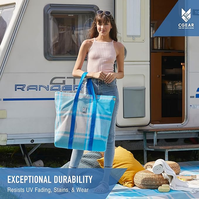CGEAR RV Comfort Mat – Patented Sand-Free Technology with Ultra Soft Material – Sized to Your RV, Campsite, Beach House – Great Outdoor Patio Rug for RV and Camping (Navy Dynamic Stripe, 8' x 14')