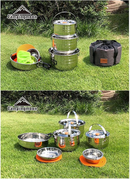 CAMPINGMOON Camping Cookware Set Stainless Steel Outdoor Nesting Cooking Mess Kit Pots Pans Bowls with Storage Carrying Tote Bag
