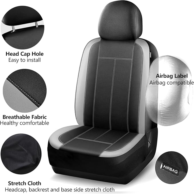 HChengkikz Car seat Covers Front Seat, Waterproof Neoprene Seat Covers, Airbag Compatible, Universal Fit Automotive Seat Covers for Most Cars, Trucks, SUVs (Black + LightGray)