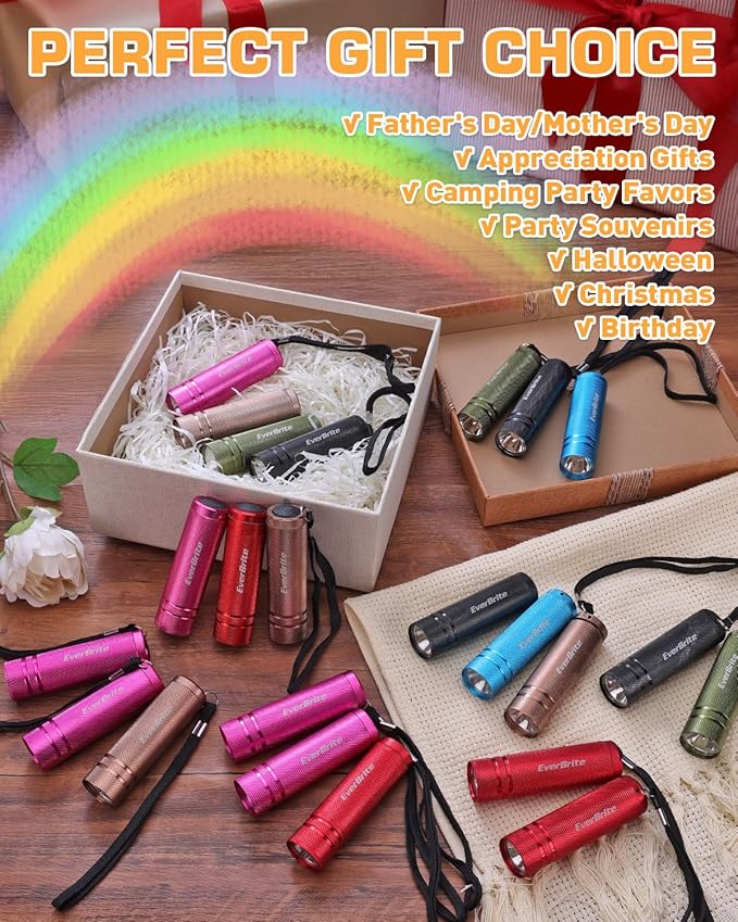 EverBrite 30-Pack Mini Flashlight Set, Aluminum LED Handheld Torches with Lanyard, Assorted Colors, Batteries Included for Party Favors, Night Reading, Camping, Power Outage, Gift to Christmas